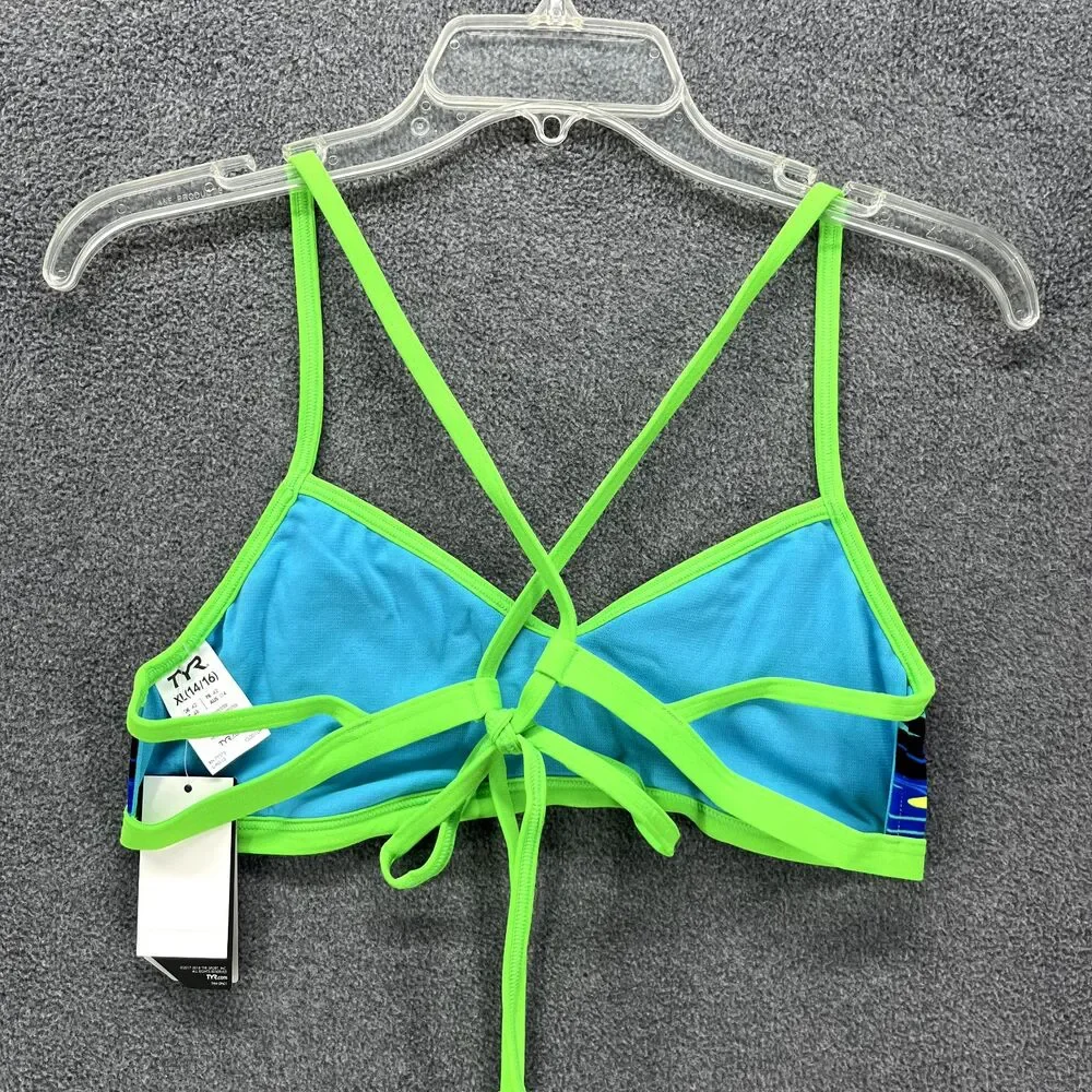 TYR Bikini Top Women XL 14 16 Blue Green Fresno Mojave Tie back‎ Swimwear